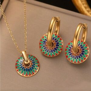 Colorful Gold-Tone Pendant and Earring Set